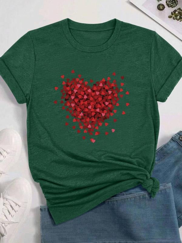 Women's Heart Print Round Neck Tee, Casual Short Sleeve Crew Neck T-shirt for Daily Wear, Ladies Clothes for All...