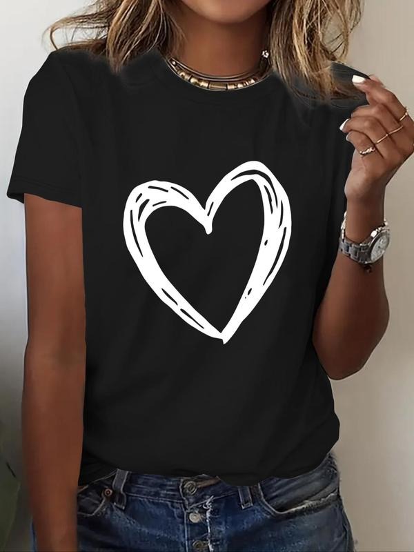 Women's Heart Print Round Neck Tee, Casual Short Sleeve Crew Neck T-shirt for Summer, Fashion Women's Top for Daily Wear...