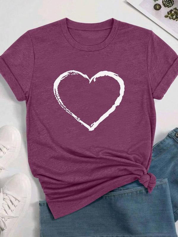 Women's Heart Print Round Neck Tee, Fashion Casual Crew Neck Short Sleeve T-shirt for Daily Holiday Vacation Outdoor...