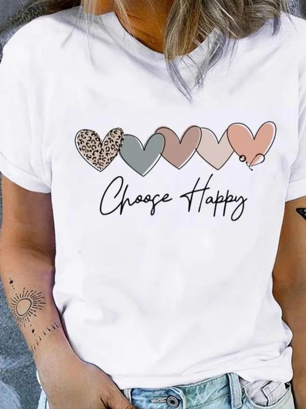 Women's Heart Print Round Neck Tee, Fashion Casual Crew Neck T-Shirt for Daily Holiday Vacation Outdoor Wear, Ladies...