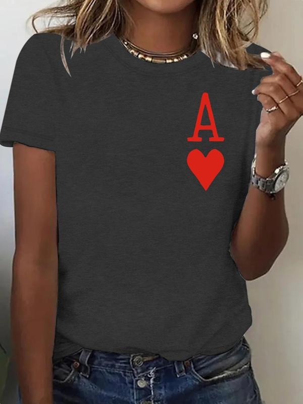 Women's Heart Print Round Neck Tee, Vintage Trendy Casual Short Sleeve T-shirt for Daily Wear, Ladies Summer, Top Hoodie,...