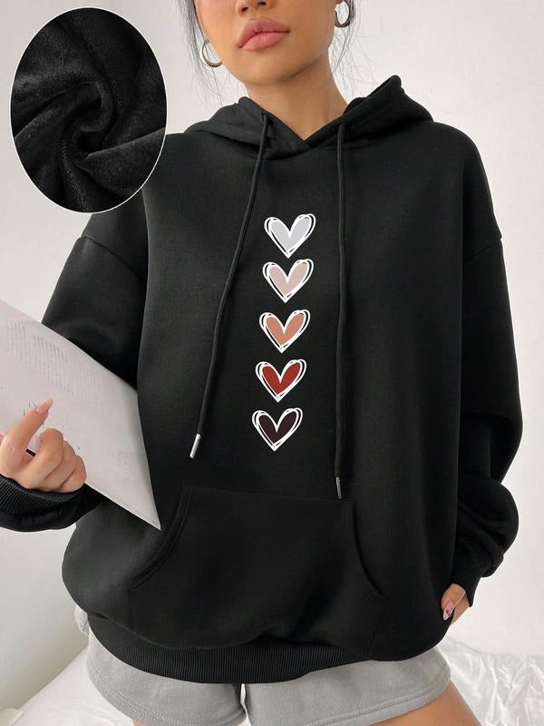 Women's Heart Print Thermal Lined Hoodie, Casual Long Sleeve Hooded Sweatshirt for Fall & Winter, Women's Clothes for...