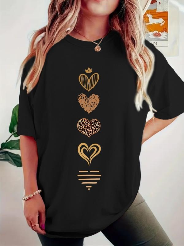 Women's Heart Print Vintage Style Summer Casual Sports Top, Round Neck Short Sleeve T-Shirt, Comfortable Breathable Fit...
