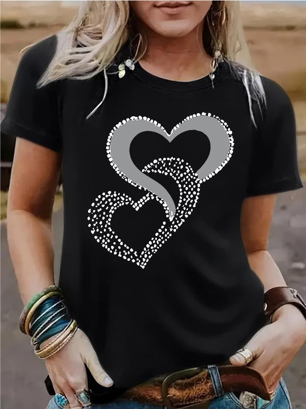 Women's Heart Print Vintage Style Summer Casual Sports Top, Round Neck Short Sleeve T-Shirt, Comfortable Breathable Fit...