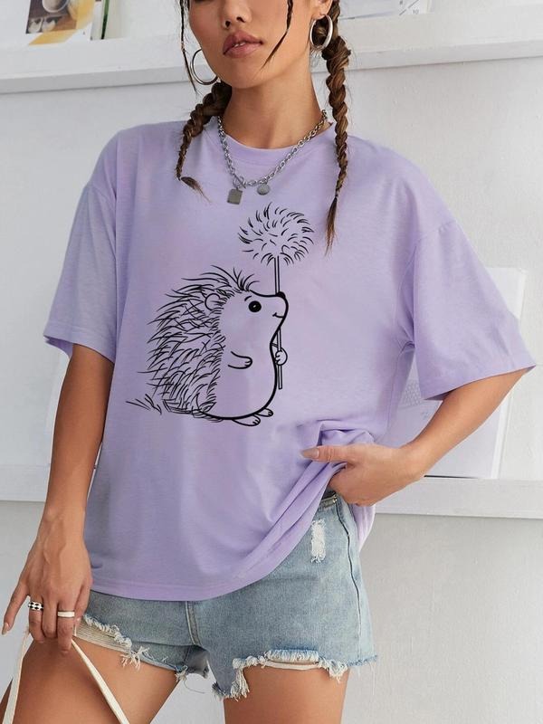 Women's Hedgehog Print Round Neck Tee, Casual Short Sleeve Crew Neck T-shirt for Summer, Fashion Women's Top for Daily...