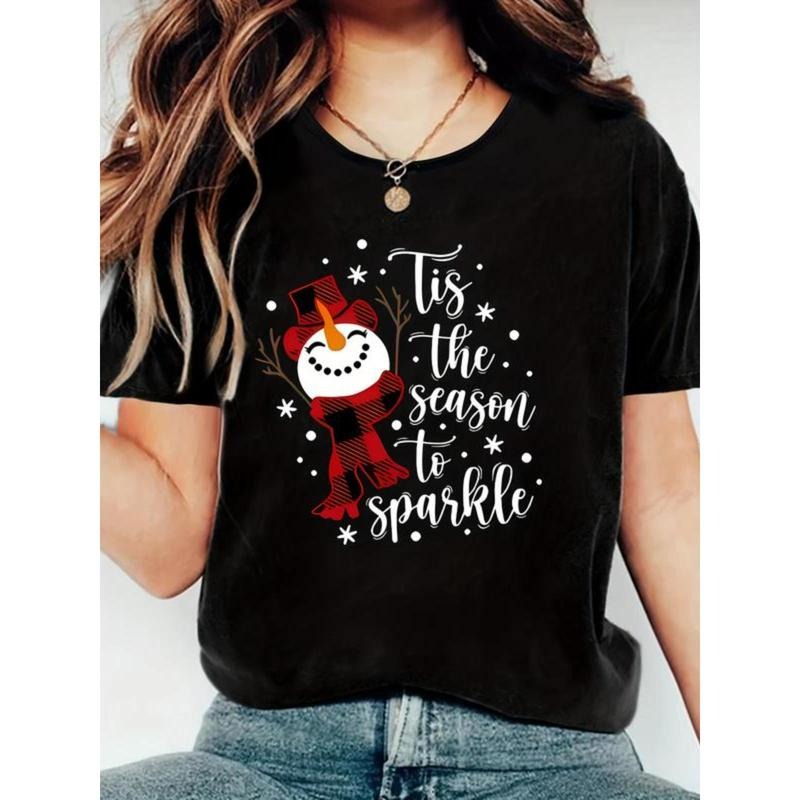 Women's Holiday Snowman "This Season To Glitter" T-Shirt: Cotton casual summer crewneck, stretch knitted fabric, snowman...