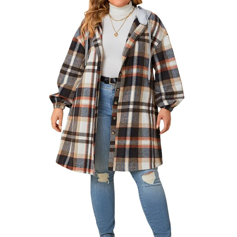 Women's Hooded Plaid Jackets Long Sleeve Oversized Button Down Shacket Fall Shirt Coats Casual Womenswear Hoodie, Sweatshirt