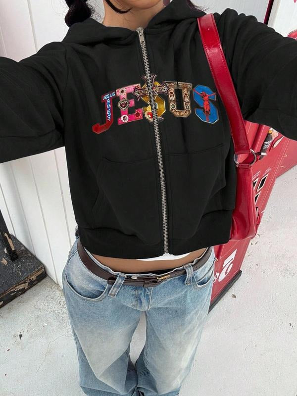 Women's Hooded Zipper Sweatshirt Short Style Jesus Letter Print Casual New Look Fitted Long Sleeve Warm Plush Jacket Coat...