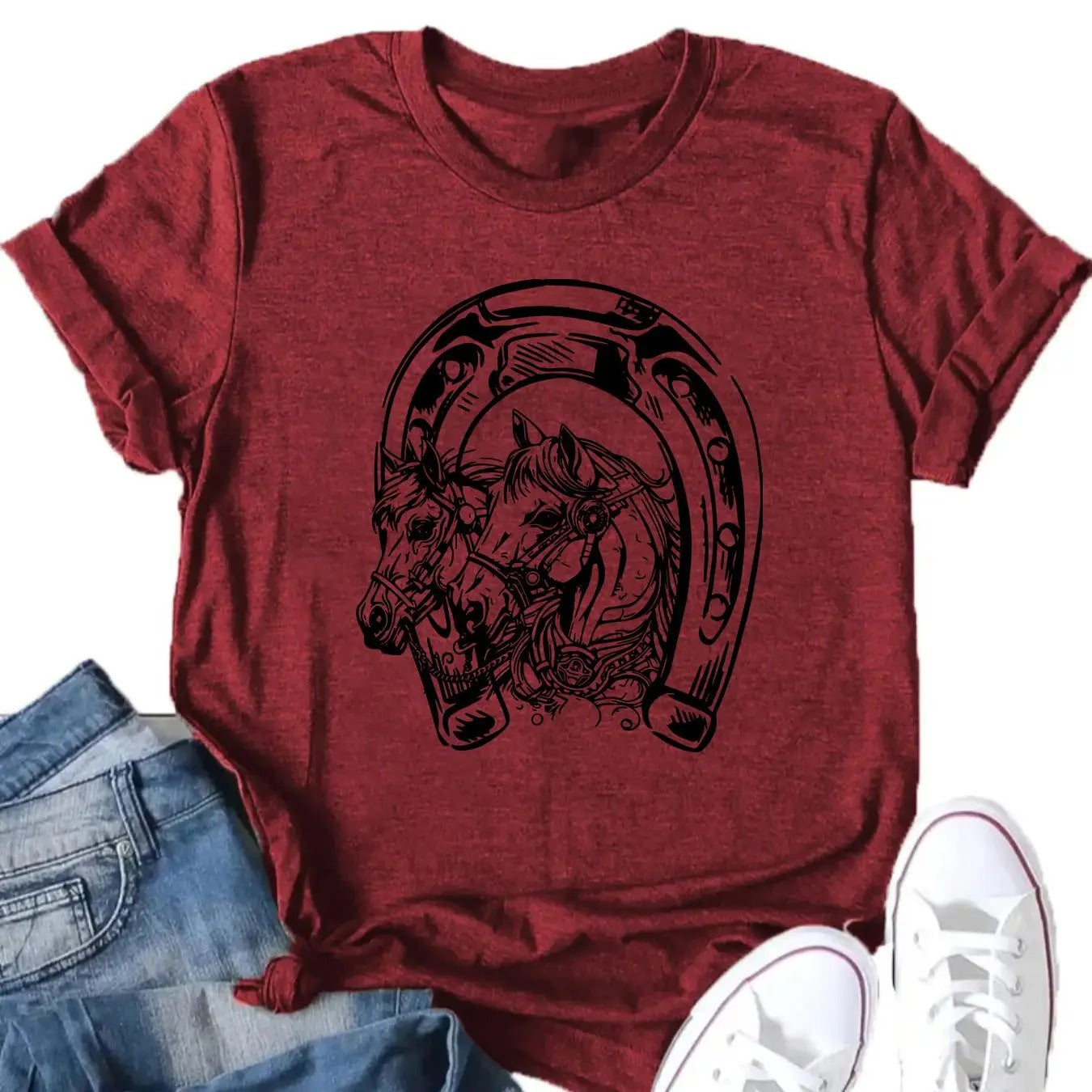 Women's Horse Print Round Neck Tee, Casual Short Sleeve Crew Neck T-Shirt for Summer, Fashion Women's Top for Daily Wear...