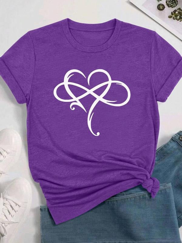 Women's Infinity Symbol Print Round Neck Tee, Casual Short Sleeve Crew Neck T-shirt for Daily Wear, Ladies Clothes for...