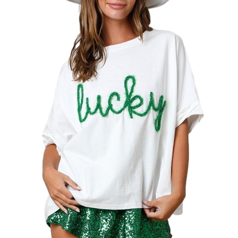 Women's Irish Tops Fashion Letter Patchwork Print Short Sleeve Round Neck T-Shirts Blouses Aesthetic Clothes Fabric...