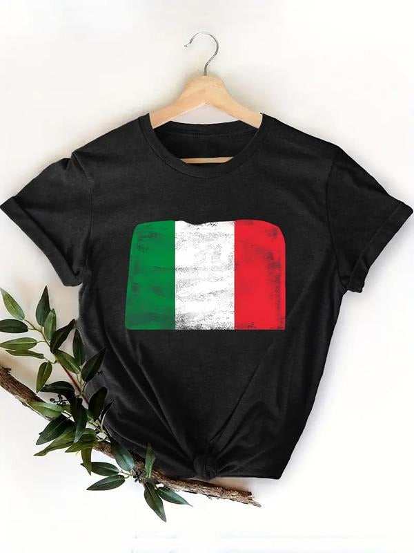 Women's Italy Flag Print Round Neck Tee, Casual Short Sleeve T-shirt for Summer, Ladies Clothes for Daily Wear Hoodie,...