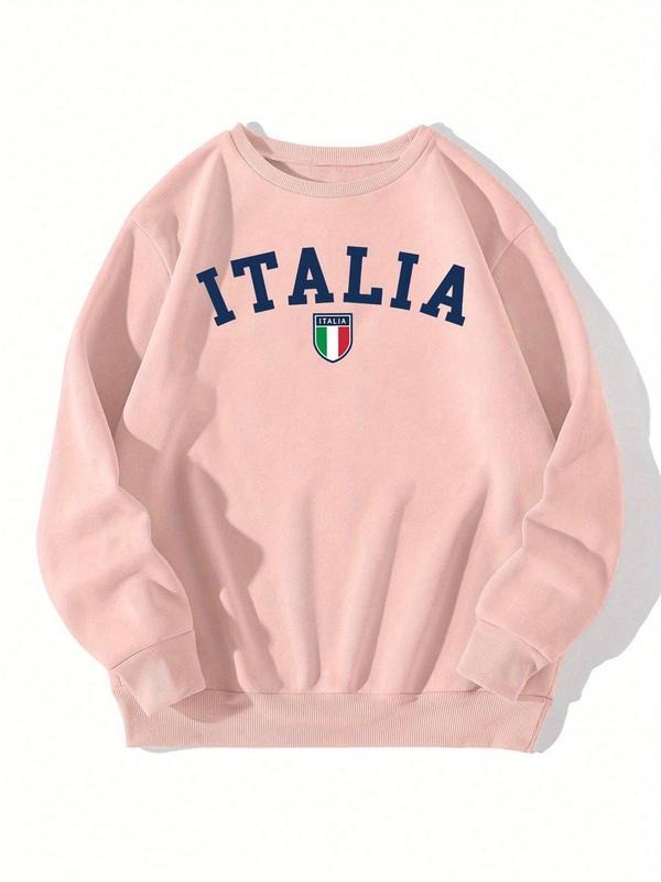 Women's Italy Letter Print Drop Shoulder Sweatshirt, Casual Long Sleeve Round Neck Pullover for Fall & Winter, Women's...