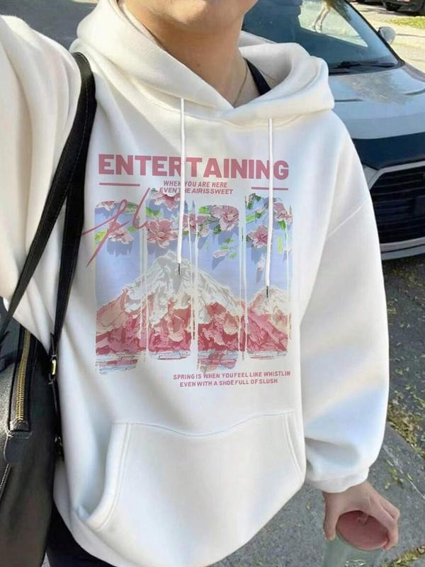 Women's Japanese Style Loose-Fit Graphic Hoodie, Casual Fall & Winter Sweatshirt, Thicken Fabric, Letter Pattern, Fleece...