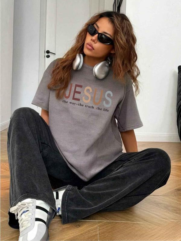 Women's Jesus & Sun Print Round Neck Tee, Casual Crew Neck Short Sleeve T-Shirt for Summer, Fashion Women's Top for Daily...