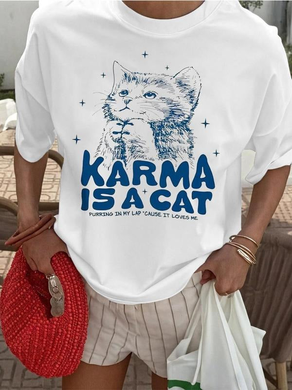 Women's KARMA IS A CAT Round Neck Graphic Tee, Fashion Casual Crew Neck T-shirt for Daily Holiday Vacation Outdoor Wear,...