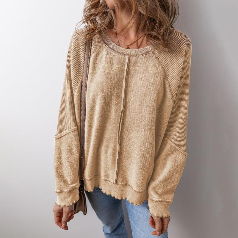 Women's Knit Waffled Loose Pullover Patchwork Long Sleeve Crew Neck Sweatshirt Streetwear T-Shirts, Hoodie | HypeDripTees.com