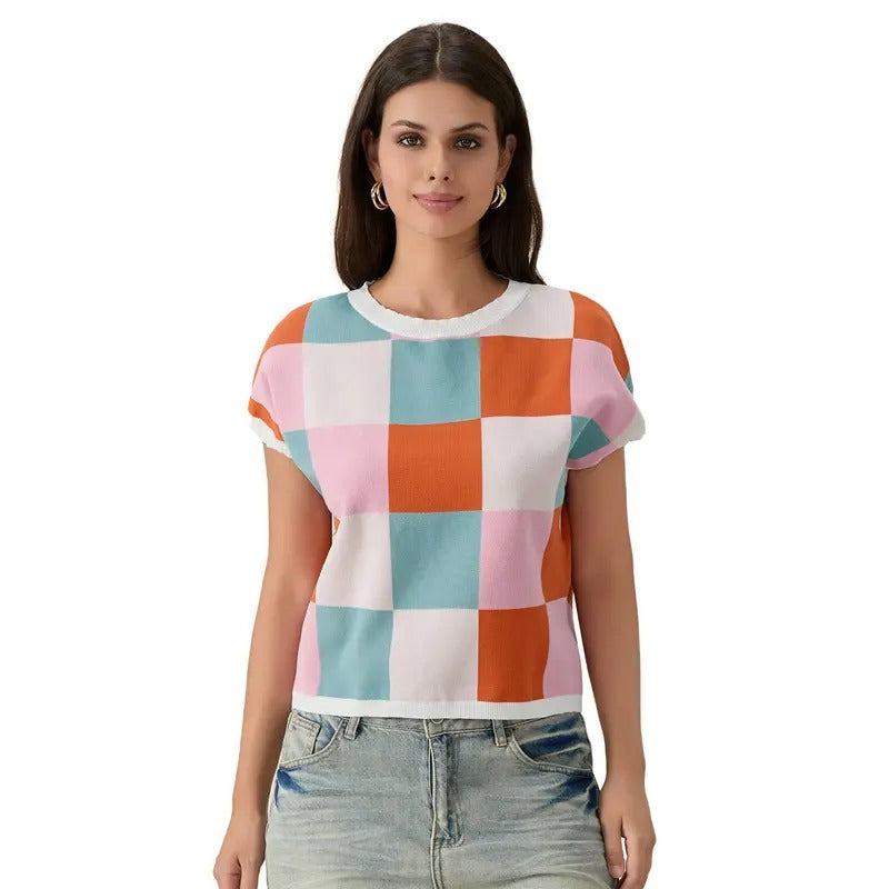 Women's Knitted Tops Ribbed Checkered Short Sleeve Round Neck Contrast Color Casual Crop T-Shirt Womenswear Knitwear...