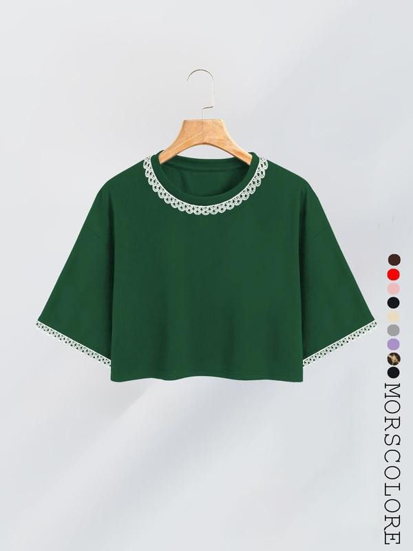 Women's Lace Trim Crop Tee, Casual Short Sleeve Round Neck T-shirt for Summer, Ladies Clothes for Daily Wear, Top Hoodie,...