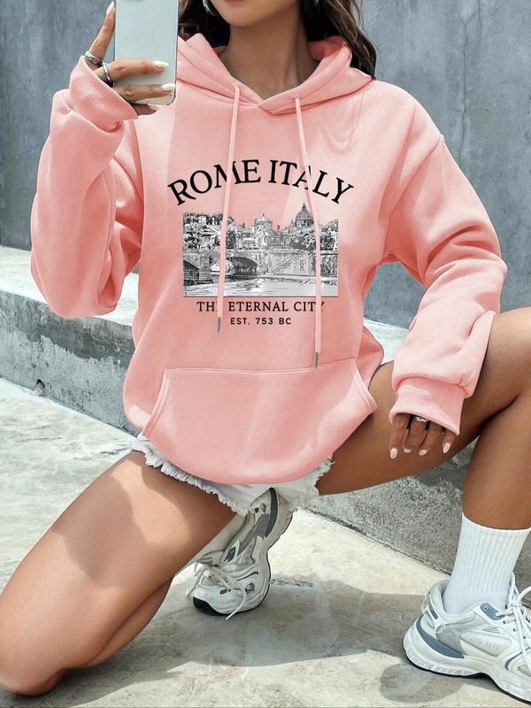 Women's Landscape & Letter Print Drop Shoulder Hoodie, Fashion Casual Drawstring Pocket Hooded Sweatshirt for Daily...