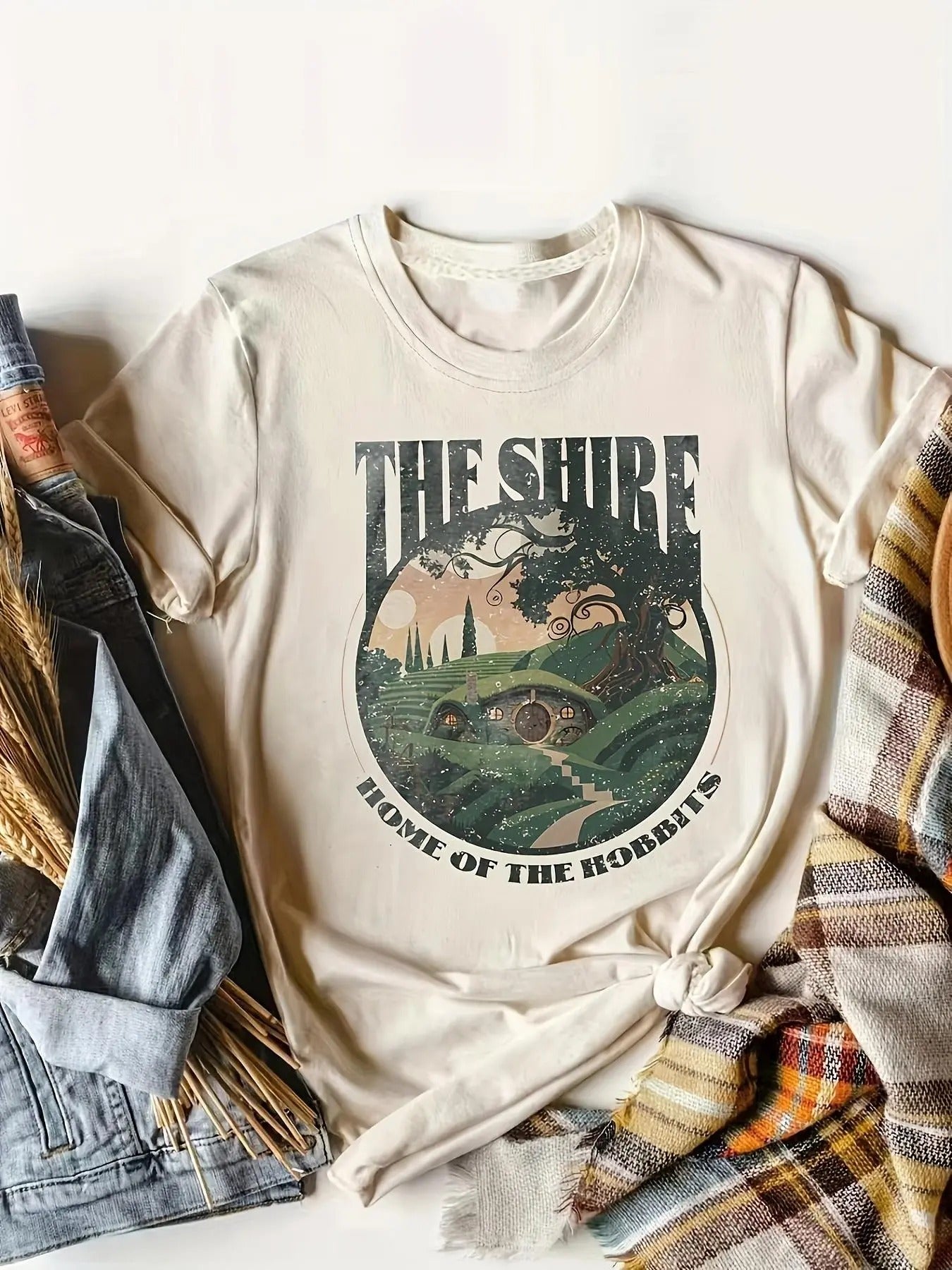 Women's Landscape & Letter Print Round Neck Graphic Tee, Vintage Trendy Casual Short Sleeve T-shirt for Daily Wear,...