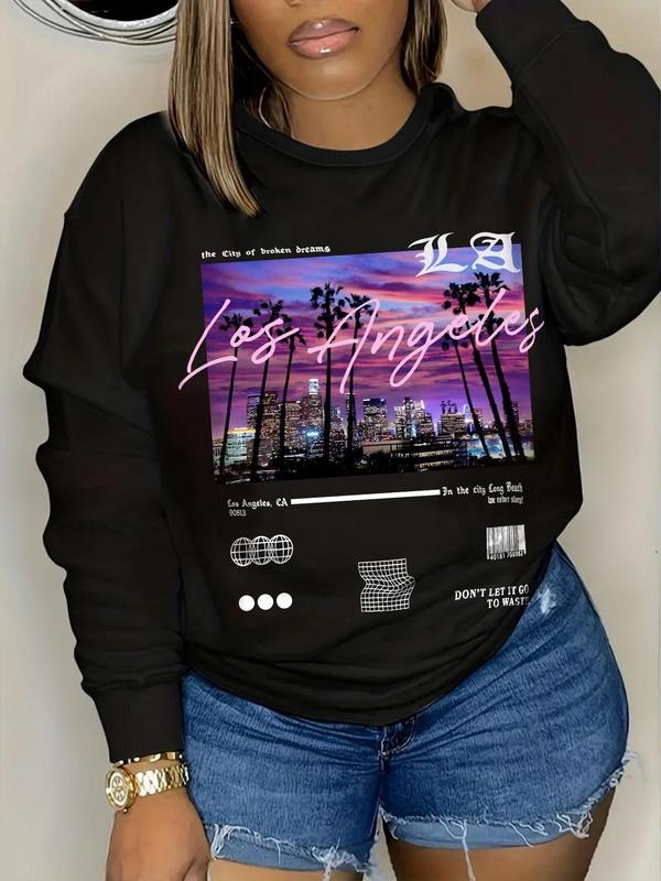 Women's Landscape & Letter Print Round Neck Pullover, Fashion Casual Crew Neck Sweatshirt for Daily Holiday Outdoor Wear,...