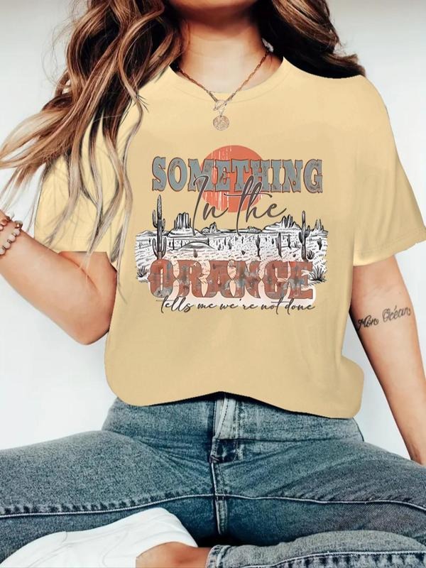 Women's Landscape & Letter Print Round Neck Tee, Trendy Casual Crew Neck Short Sleeve T-shirt for Daily Wear, Ladies...