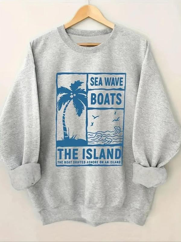 Women's Landscape & Letter Print Thermal Lined Sweatshirt, Casual Long Sleeve Round Neck Pullover for Fall & Winter,...