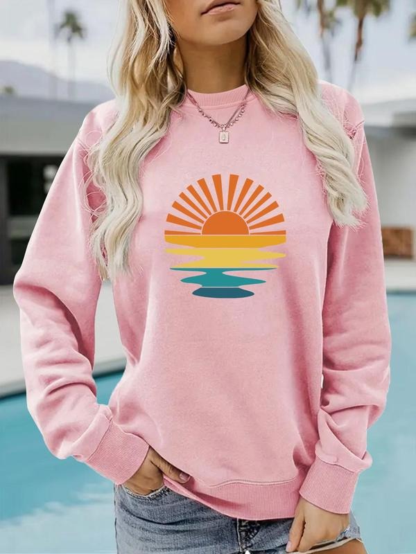 Women's Landscape Print Crew Neck Pullover, Casual Long Sleeve Sweatshirt for Spring, Fashion Women's Top for Daily Wear...