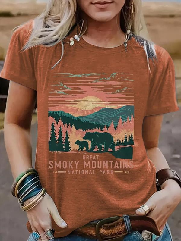 Women's Landscape Print Round Neck Tee, Casual Short Sleeve Crew Neck T-Shirt for Summer, Fashion Women's Top for Daily...