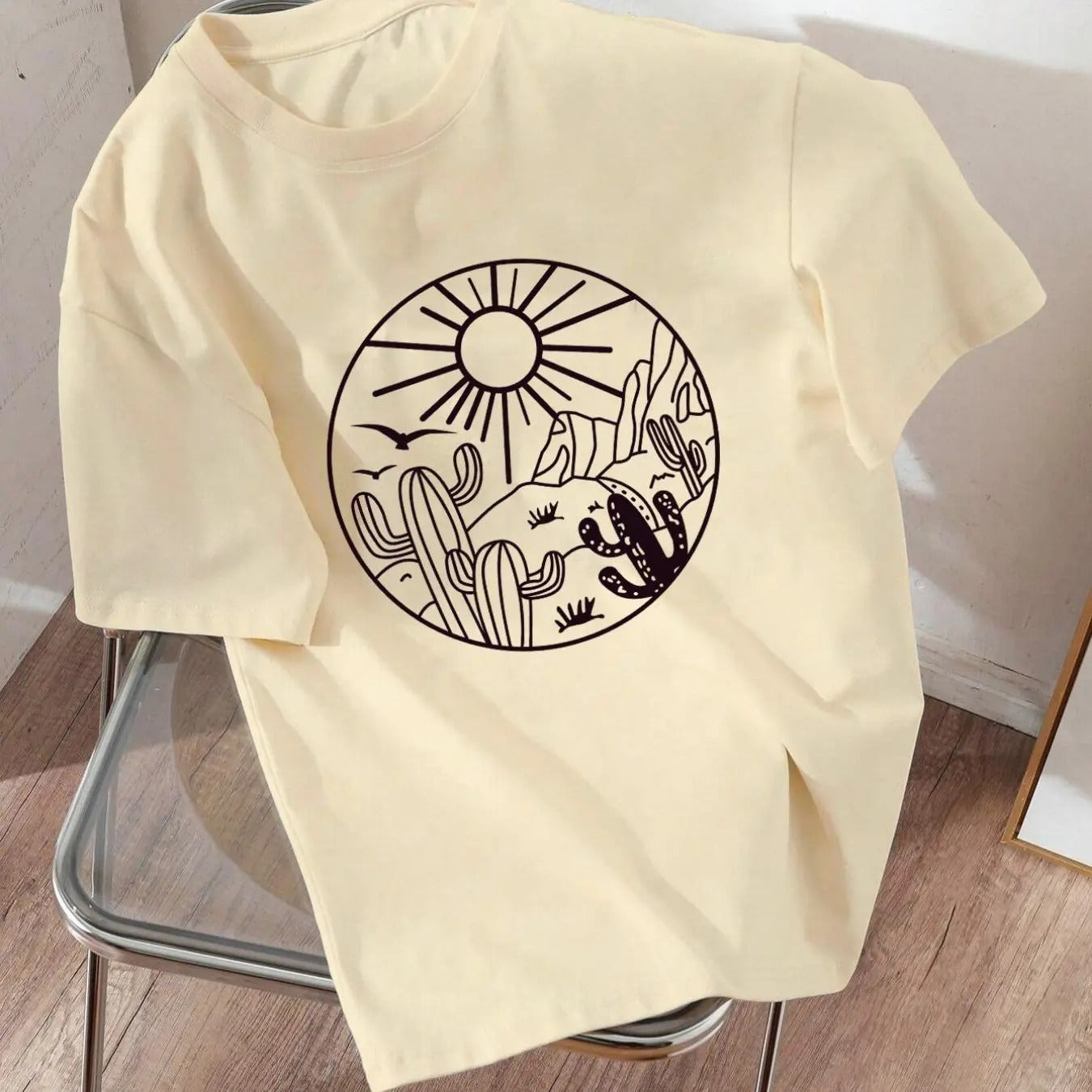Women's Landscape Print Round Neck Tee, Casual Short Sleeve Crew Neck T-shirt for Summer, Fashion Women's Top for Daily...