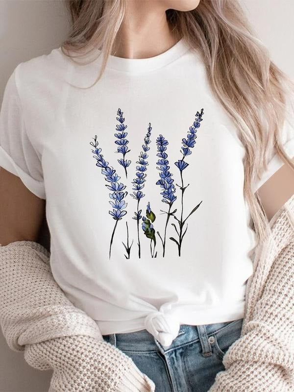 Women's Lavender Print Round Neck Tee, Casual Short Sleeve Crew Neck T-shirt for Summer, Ladies Clothes for Daily Wear...