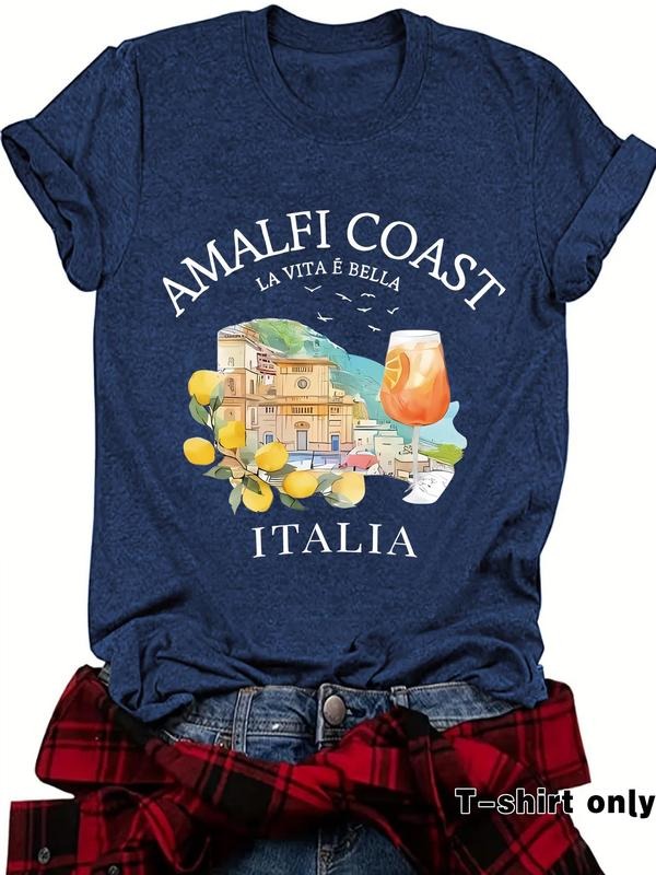 Women's Lemon & Letter Print Round Neck Tee, Casual Short Sleeve Crew Neck T-Shirt for Spring, Fashion Women's Top for...