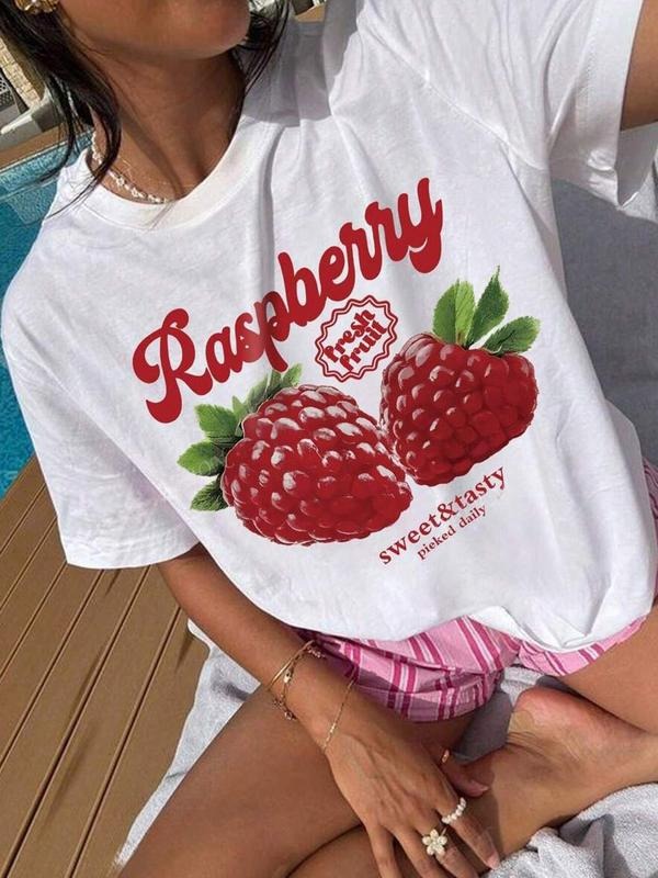 Women's Lemon & Letter Print Round Neck Tee, Casual Short Sleeve Crew Neck T-shirt for Summer, Fashion Women's Top for...