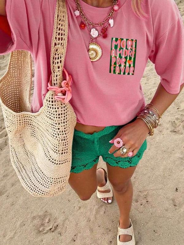 Women's Lemon & Letter Print Round Neck Tee, Casual Short Sleeve Crew Neck T-shirt for Summer, Fashion Women's Top for...