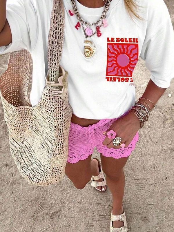 Women's Lemon & Letter Print Round Neck Tee, Casual Short Sleeve Crew Neck T-shirt for Summer, Fashion Women's Top for...