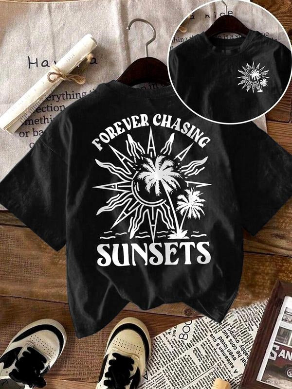 Women's Lemon & Letter Print Round Neck Tee, Casual Short Sleeve Crew Neck T-shirt for Summer, Fashion Women's Top for...