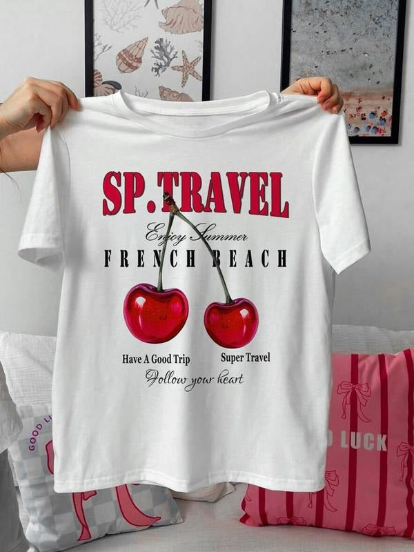 Women's Lemon & Letter Print Round Neck Tee, Casual Short Sleeve Crew Neck T-shirt for Summer, Fashion Women's Top for...