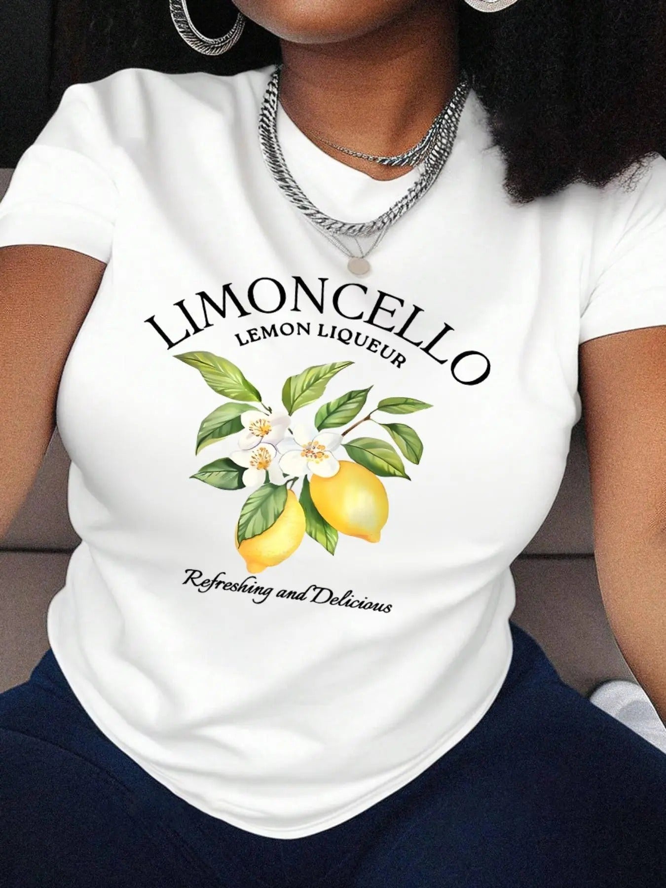 Women's Lemon & Letter Print Round Neck Tee, Fashion Casual Short Sleeve T-shirt, Ladies Summer Clothes for Daily Wear...