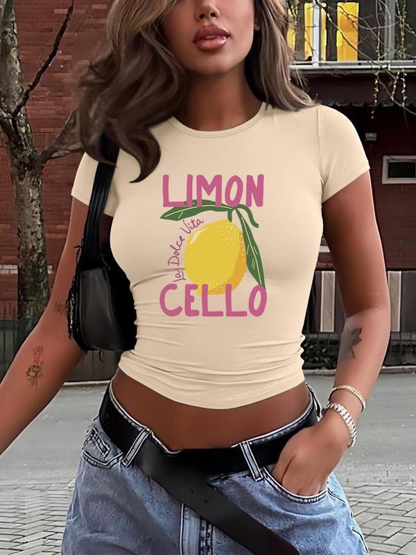 Lemon Print Round Neck Crop Casual Short Sleeve Crew Neck Summer Top Daily T-Shirts, Hoodie, Sweatshirt