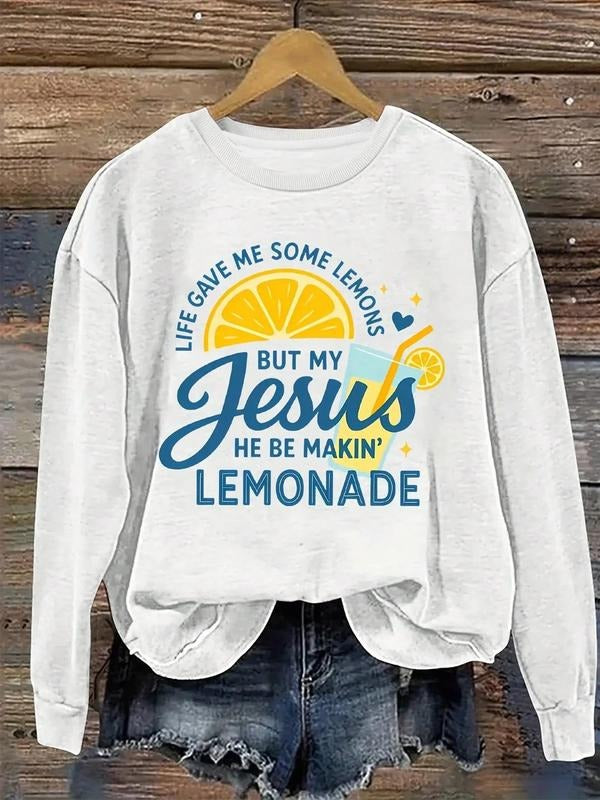 Women's Lemon Print Round Neck Sweatshirt, Soft Thick Casual Long Sleeve, Fall & Winter Warm Sportswear, Versatile for...