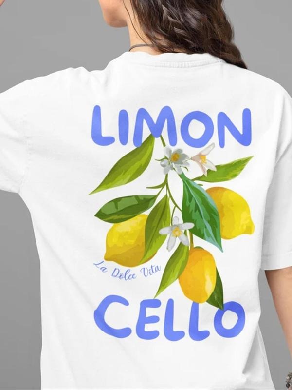 Women's Lemon Print Round Neck Tee, Casual Letter Graphic Short Sleeve T-Shirt for Summer, Ladies Clothes for Daily Wear,...