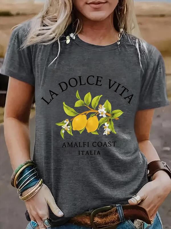 Women's Lemon Print Round Neck Tee, Casual Short Sleeve Crew Neck T-Shirt for Summer, Fashion Women's Top for Daily Wear...