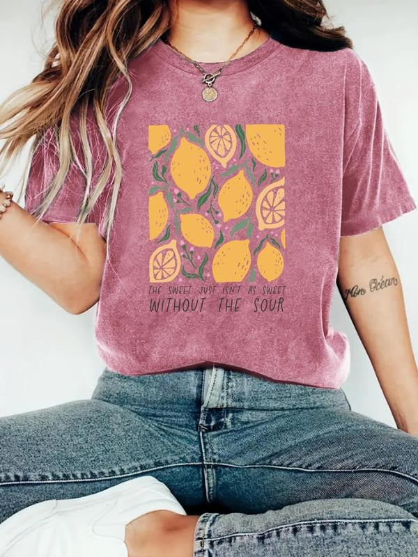 Women's Lemon Print Round Neck Tee, Trendy Casual Short Sleeve T-shirt for Daily Wear, Ladies Summer Outfit, Top Hoodie,...