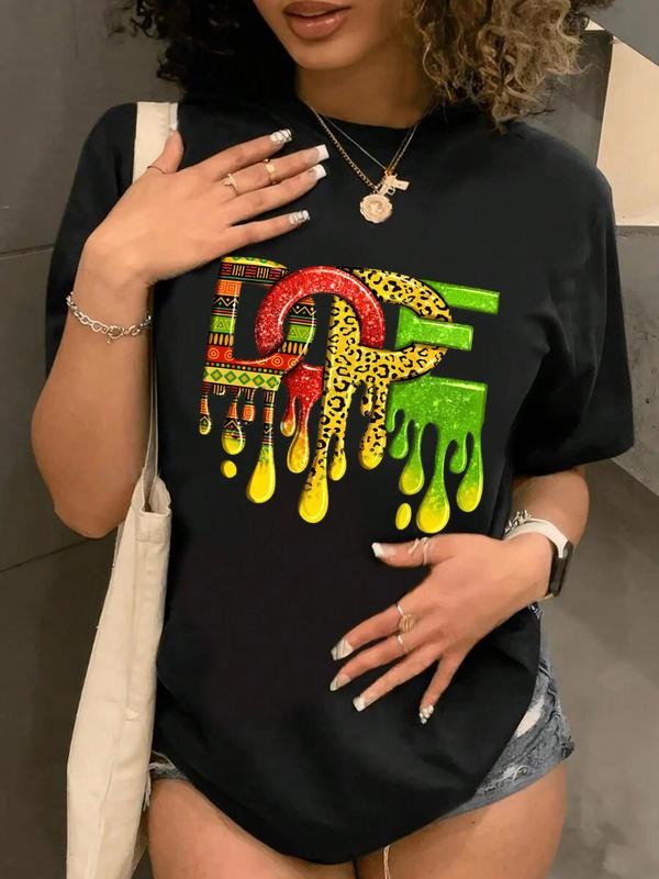 Women's Leopard & Letter Print Round Neck Tee, Casual Short Sleeve T-Shirt for Daily Wear, Ladies Clothes for All Seasons...