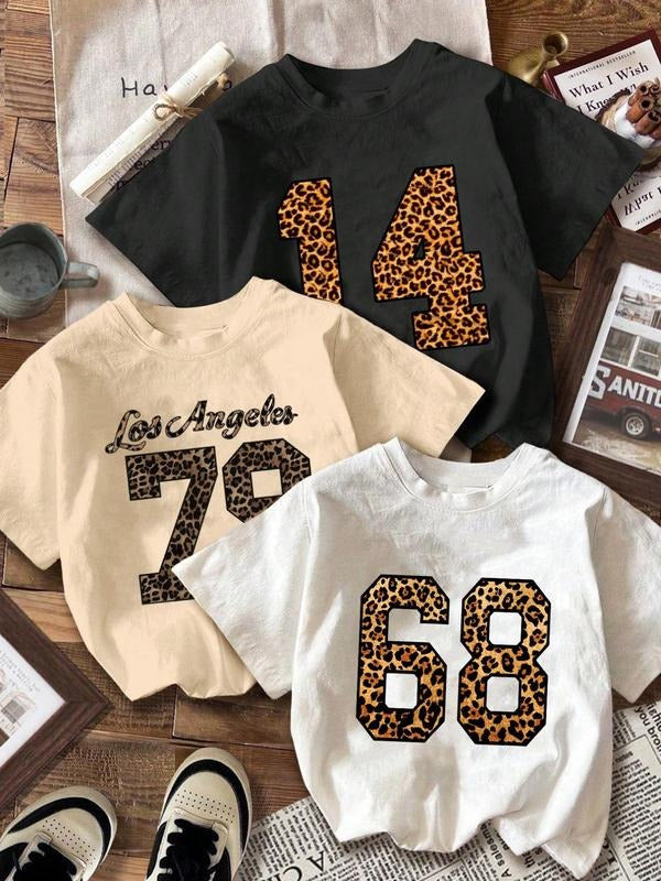 Women's Leopard & Number Print Round Neck Tee, Vintage Trendy Casual Short Sleeve T-shirt for Daily Wear, Ladies Summer...