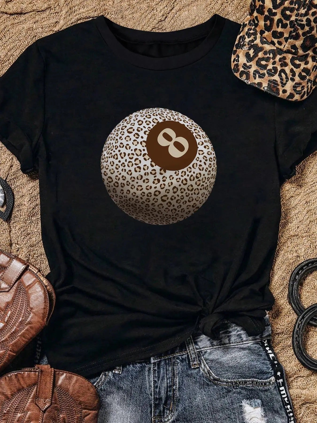Women's Leopard Billiards Print Round Neck Tee, Casual Short Sleeve Crew Neck T-shirt for Summer, Ladies Clothes for...