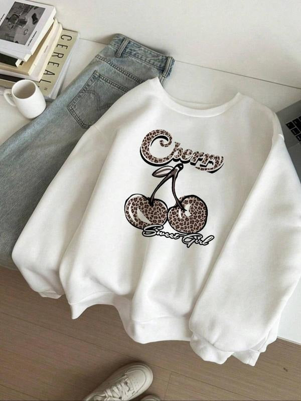 Women's Leopard Cherry & Letter Print Crew Neck Sweatshirt, Casual Long Sleeve Pullover for Fall & Winter, Women's...