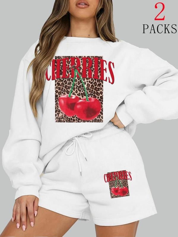 Women's Leopard Cherry Letter Print Set, Casual Fashion Shorts & Sweatshirt Combo, Winter Thick Fabric, Loose Fit, Daily...