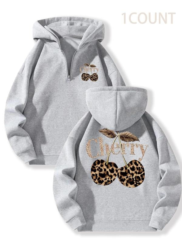 Women's Leopard Cherry Print Hoodie, Casual Fitted Design, Fall & Winter Wear, Half-Zipper Fashion Sweatshirt, Thickened...